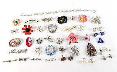 Lot of Costume Jewelry. Including Pins, Earrings, and Necklace. Lot includes enamel on copper 