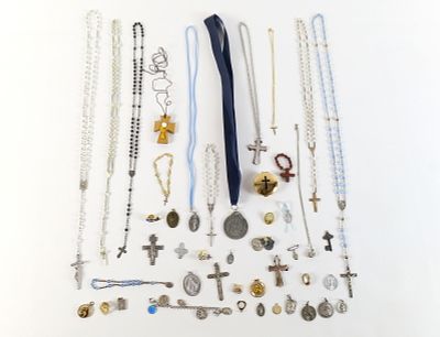 Lot of Religious Jewelry. Including Crystal Rosary, Faux Pearl Rosary, Medals and Pins, Abalone 
