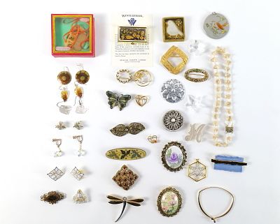 Lot of Assorted Costume Jewelry. Including Winterthur Enamel Sewing Kit, Shell Necklace 