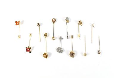 Lot of Stick Pins. Including Crescent Moon, Floral, Butterfly, Birdhouse, Cameo, French Knot 