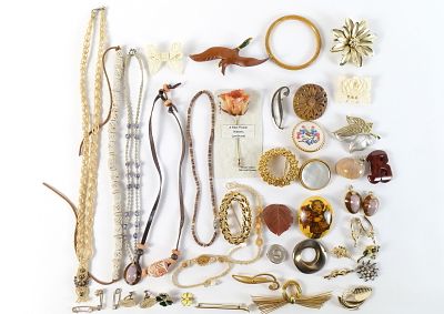Lot of Assorted Costume Jewelry. Including Wood Bangle, Wood Goose Pin, Macrame Necklaces, Gold 