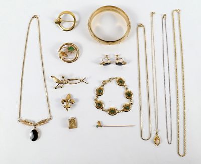 Lot of Gold Filled Jewelry. Including Hinged Bangle with Crystals, Van Dell Onyx Necklace 