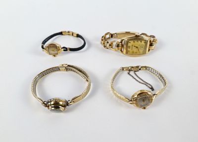 Lot of 4 Vintage Ladies Watches. Including 3 x Bulova and Huguenin. One Bulova is 10k Gold 