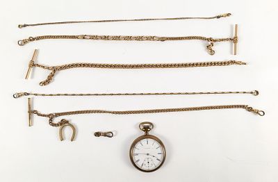 Lot of Watch Chains and Pocket Watch. Pocket Watch is Elgin - Crystal is cracked measuring 