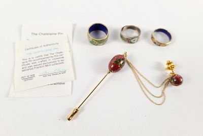Lot of Cloisonne Pieces. Including The Franklin Mint Chatelaine Pin and 3 Rings. One ring is 