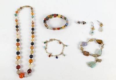 Lot of Stone Costume Jewelry. Including Stretch Bracelet with Bloodstone, Amythest, Unakite 
