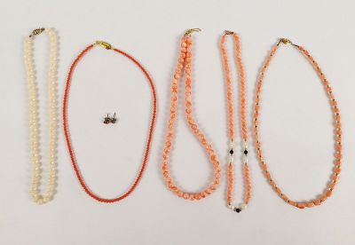 Lot of Coral Jewelry. Including 16" Coral Beaded Necklace with Gold Tone Clasp - Needs repair 