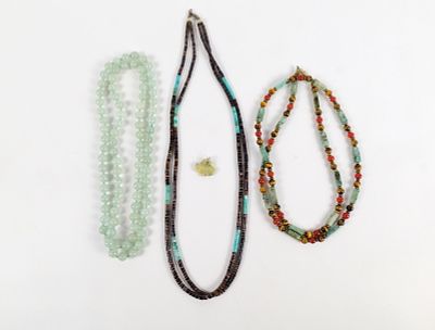 Lot of Stone Jewelry. Including 30" Jade Beaded Necklace, 22" Turquoise Cylinder Beaded 