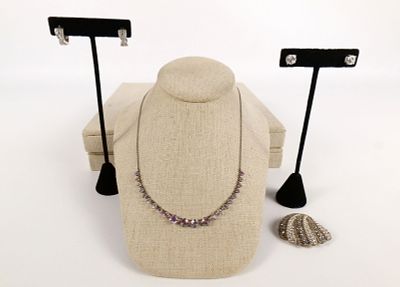 Lot of Sterling Jewely. Including 18" Necklace with Multi Color Graduated Stones, Shell Pin 