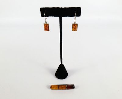 Lot of Sterling and Amber Jewelry. Including Pair of Sterling and Amber Earrings and Sterling 