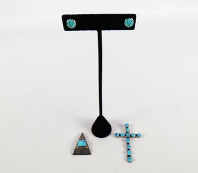 Lot of Sterling and Turquoise Jewelry. Including Cross Pendant measuring 2.25", Pair of Stud 