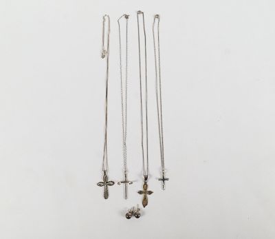 Lot of Sterling Silver Jewelry. Including Cross Pendant Necklaces and Pair of Stud Earrings. 