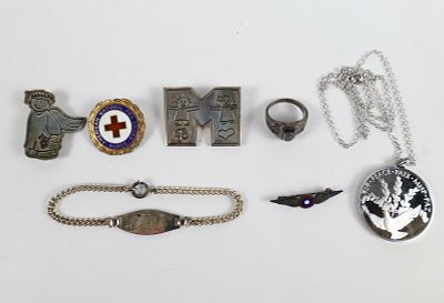 Lot of Sterling Silver Jewelry. Including Letter M Pin by EFS, ID Bracelet, Military Pin 