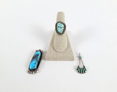 Lot of Sterling and Turquoise Jewelry. Including Pendant measuring 1.5" long, Ring - Size 7 