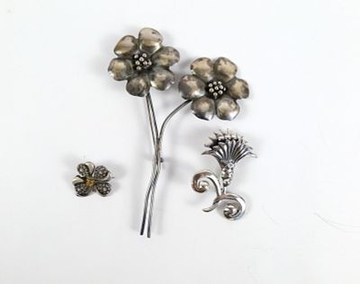 Lot of Sterling Silver Pins. Including Coro Flower Pin measuring 4" - Stem Bent, Fan Shaped 