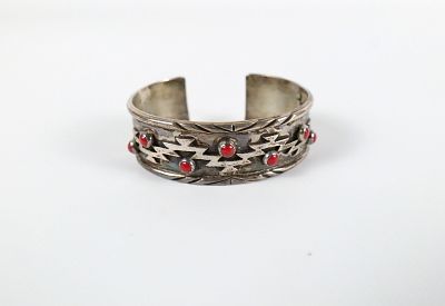 Sterling Silver Zouni Begay Cuff Bracelet with Cabochon Red Stones. Inside measures approx. 