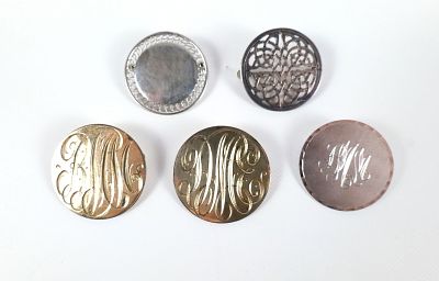 Lot of 5 Sterling Silver Pins. 3 are Monogrammed, 1 has filagree design, and other has open 