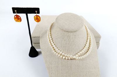 Lot of 14k Clasp Jewelry. Including Pearl Beaded Necklace measuring 15" long, Pearl Necklace 