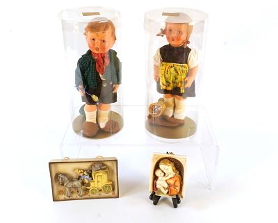 Group Lot of Goebel Hummel Collectibles. Including 2 Dolls, Madonna and Child Plaque and 