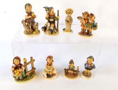 Lot of 8 Hummel Figurines. Including Feeding Time #199/1 TMK 2 - Multiple small chips and some 