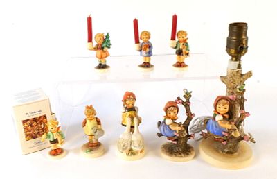 Lot of Goebel Hummels. Including Apple Tree Girl Lamp TMK 5, 3 Candle Holders - Girl with Tree 