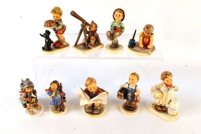 Lot of 9 Goebel Hummel Figurines. Including Little Pharmacist #322 TMK 6, Latest News #184 TMK 