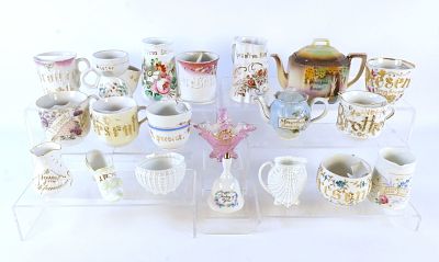 Lot of Victorian to Vintage Era Porcelain Souvenir Pieces. Including Mustache Cups, Teapots 