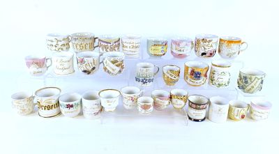 Lot of 25+ Souvenir Cups. Victorian Era - 1950's. Including Present, Think of Me, Love the 