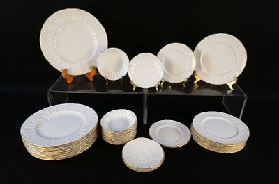 Lot of Shelley Bone China White and Gold Dinnerware Pieces. Including (10) 10.5" Dinner Plates 