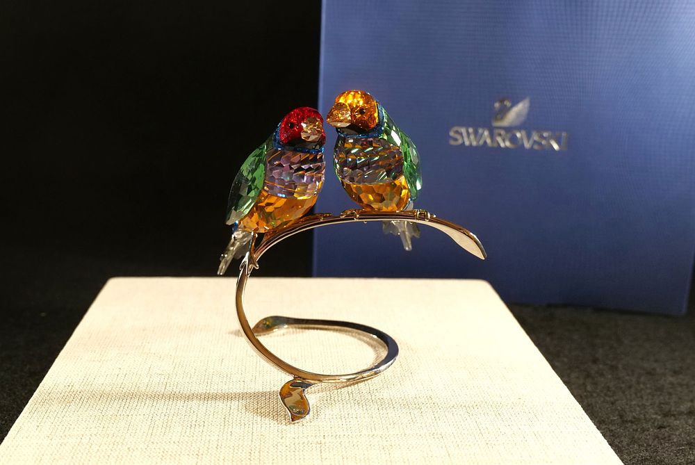 Lot 193: Swarovski Crystal Peridot Gouldian Finches Figurine