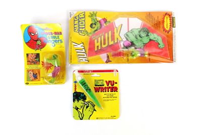 Lot of 3 Vintage Sealed Hulk Collectibles. Including 1978 Fleetwood Hulk Hang Glider, 1980 The 