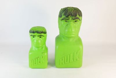 Lot of 2 Vintage Incredible Hulk Blow Mold Banks. Including 10.5" tall x 15.5" tall. The taller 