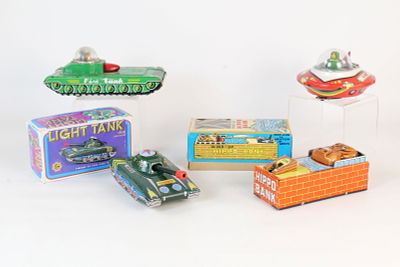 Lot of 4 Tin Toys. Including Wind Up Hippo Bank with Box, Friction Light Tank with Box, Wind Up 