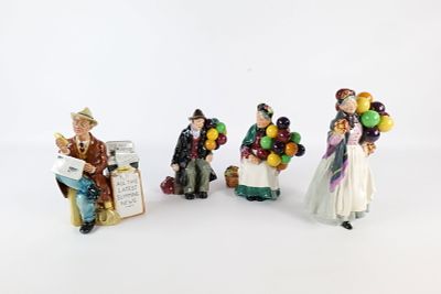 Lot of 4 Royal Doulton Figurines. Including Stop Press HN 2683, The Balloon Man HN 1954, Biddy 