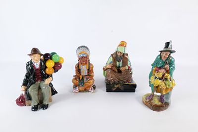 Lot of 4 Royal Doulton Figurines. Including The Balloon Man HN 1954, The Mask Seller HN 2103 