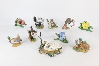 Lot of 10 Lenox Animals and Flower Figurines. Including Parrot Tulip, Yellow Pansy, Iris, Scent 