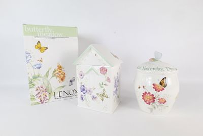 Lot of 2 Lenox Butterfly Meadow Cookie Jars. Including Lavender with Box and Cherish Yesterday 