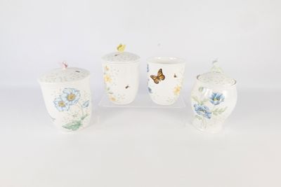Lot of 4 Lenox Butterfly Meadow Canisters. One missing lid. Tallest measures 9". All invoices 