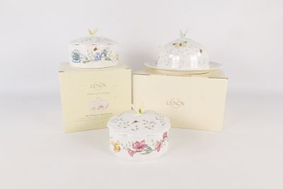 Lot of 3 Lenox Butterfly Meadow Items. Including Covered Round Butter with Box, Trinket Box 