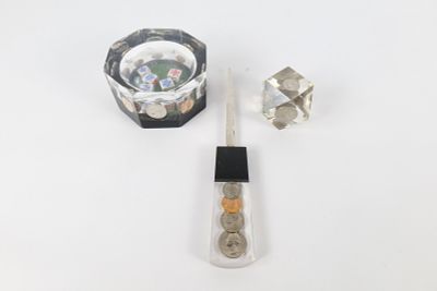Lot of 3 Novelty Lucite Paperweights. Including Coin and Dice Set - Some chipping to lucite 