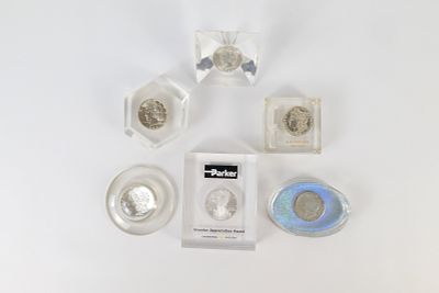Lot of Lucite Encapsulated Coin Paperweights. Including 3 x Silver 1922 Peace Dollar, 2008 