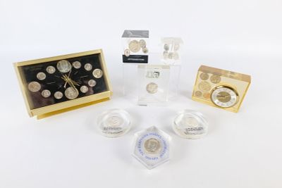 Lot of Lucite Encapsulated Coin Paperweights and Clocks. Including US Mint Coins with 1964 