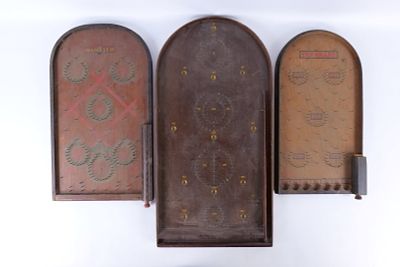 Lot of 3 Antique Bagatelle Wooden Tabletop Pinball Games. Ten Grand, The Rambler, and Unmarked. 