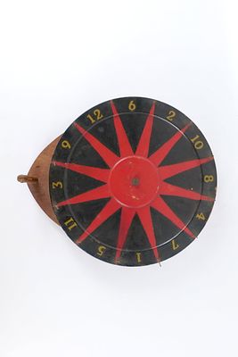 Vintage Folk Art Hand Painted Tabletop Carnival Prize Wheel. Hand Painted Red Star on Black 