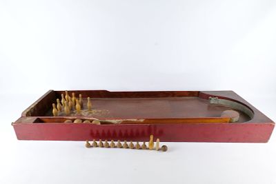 Antique Wooden Bowling Bagatelle Game - Tabletop Pinball with Pins and Balls. Features original 
