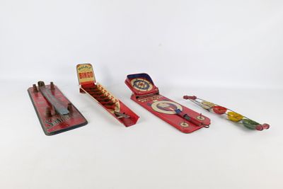 Lot of 4 Vintage Tin Litho Skill Games. Including Wolverine Marble Bingo with Original Score 