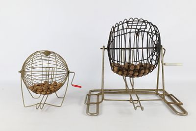 Lot of 2 Vintage Metal Bingo/Raffle Cages. Both come with wooden balls. Largest one measures 