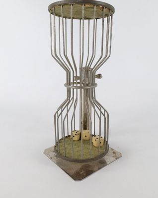 Antique Wire Dice Tumbler "Chuck-A-Luck" Dice Cage Game. Includes 3 Vintage Bone Colored Dice. 
