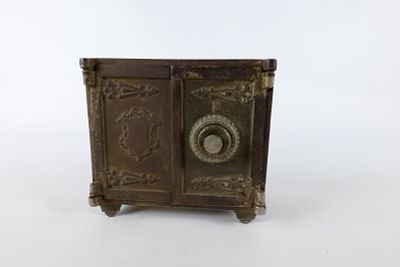 Antique Cast Iron Safe Still Bank with Ornate Scrollwork. Combination Lock is closed. Unsure of 