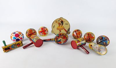 Lot of 12 Vintage Clown/Circus Tin Litho Noisemakers. Two are marked US Metal Toy. Some rusting 